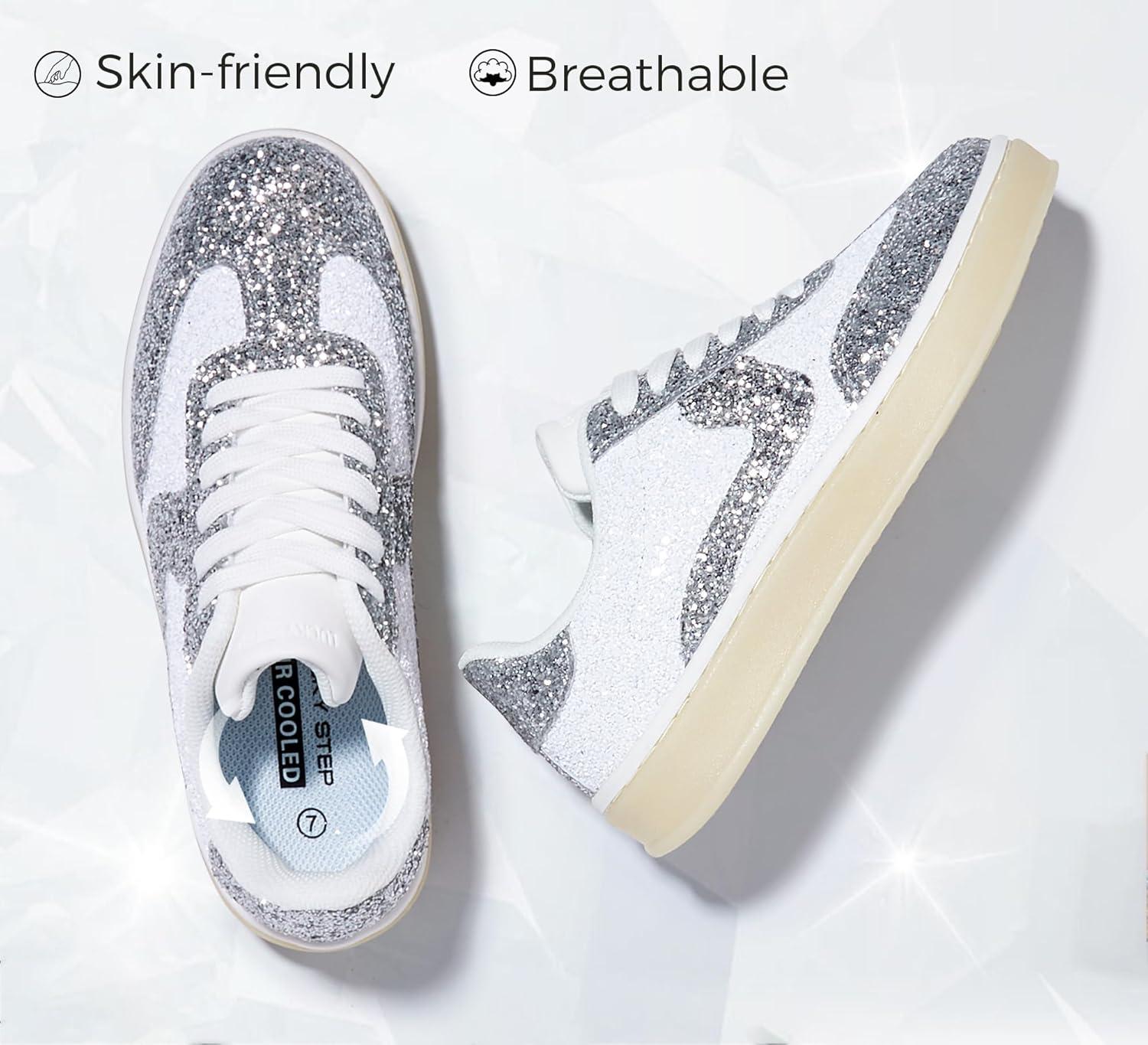 imageLUCKY STEP Womens Glitter Sneakers Fashion Retro Casual Sparkly Bling Shiny Dressy Bedazzled Bridal Wedding Anti Slip Walking ShoesWhiteSilver