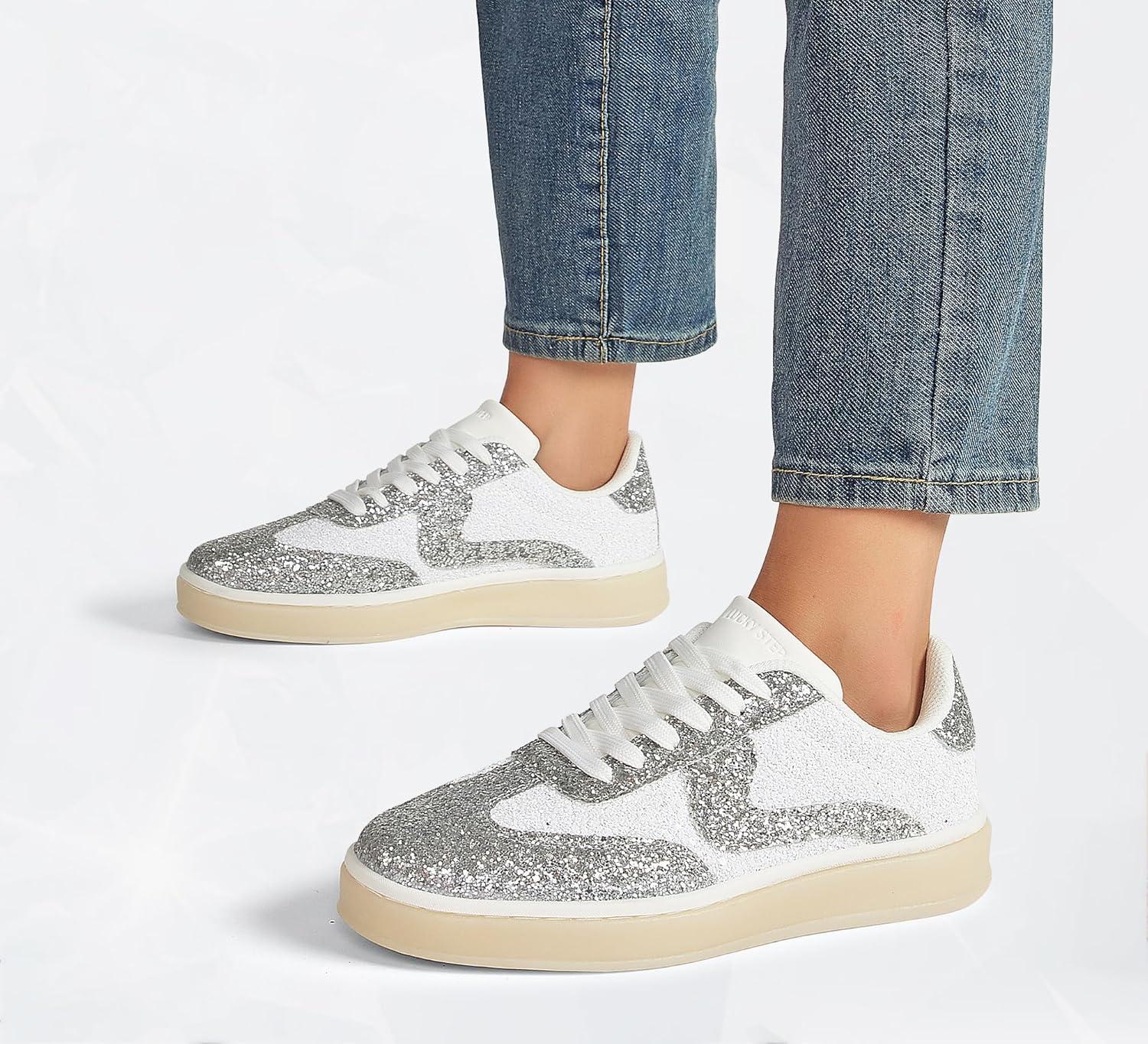 imageLUCKY STEP Womens Glitter Sneakers Fashion Retro Casual Sparkly Bling Shiny Dressy Bedazzled Bridal Wedding Anti Slip Walking ShoesWhiteSilver
