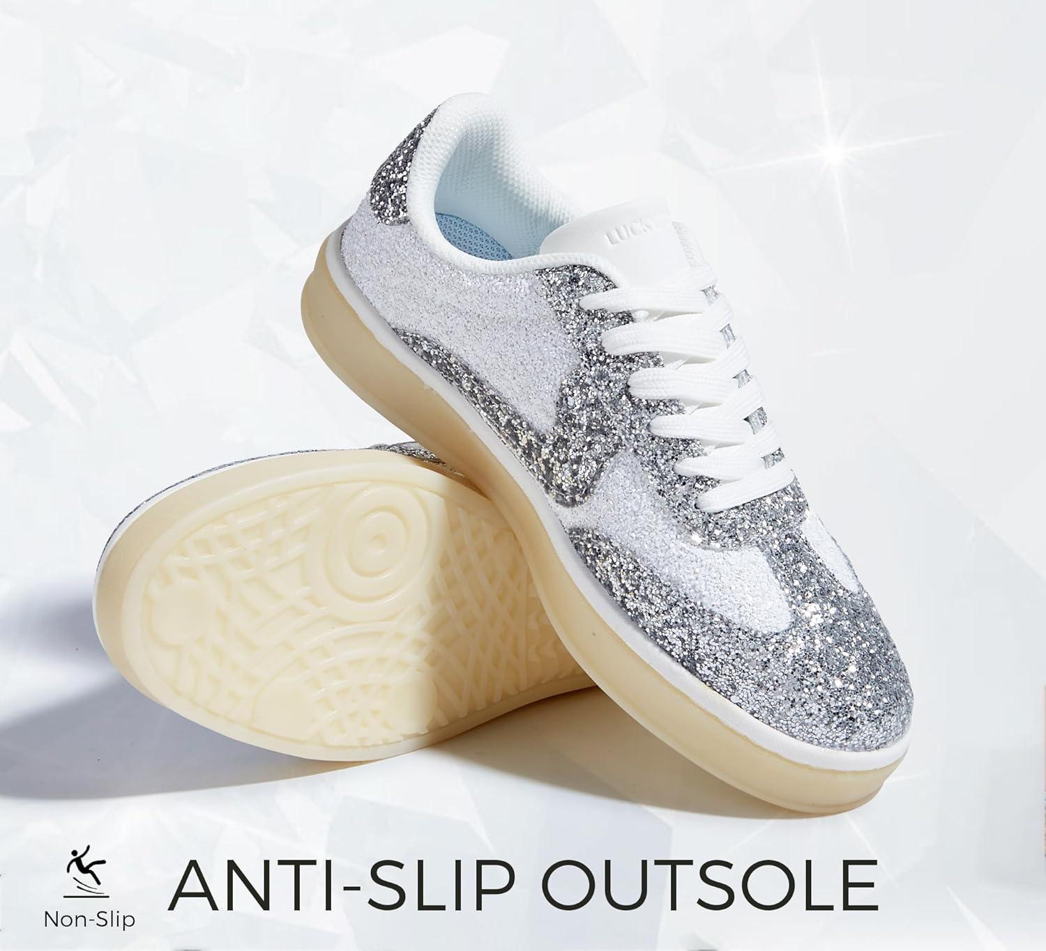 imageLUCKY STEP Womens Glitter Sneakers Fashion Retro Casual Sparkly Bling Shiny Dressy Bedazzled Bridal Wedding Anti Slip Walking ShoesWhiteSilver