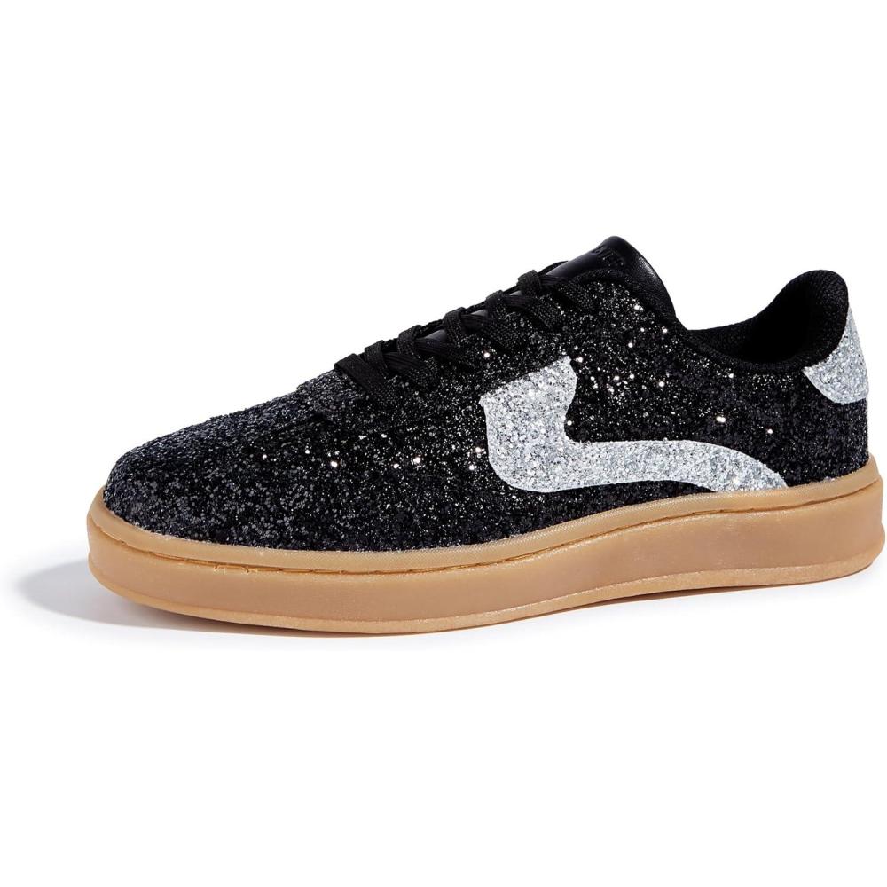 imageLUCKY STEP Womens Glitter Sneakers Fashion Retro Casual Sparkly Bling Shiny Dressy Bedazzled Bridal Wedding Anti Slip Walking ShoesBlackSilver