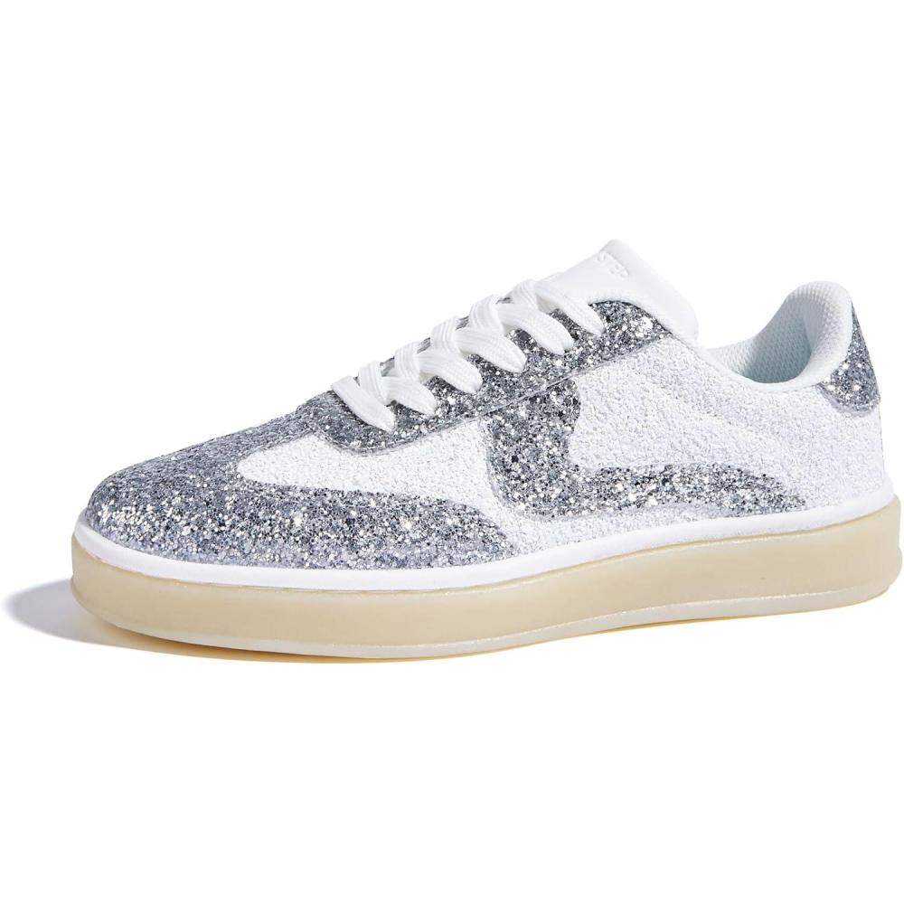 imageLUCKY STEP Womens Glitter Sneakers Fashion Retro Casual Sparkly Bling Shiny Dressy Bedazzled Bridal Wedding Anti Slip Walking ShoesWhiteSilver