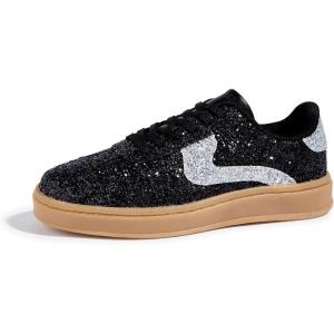 imageLUCKY STEP Womens Glitter Sneakers Fashion Retro Casual Sparkly Bling Shiny Dressy Bedazzled Bridal Wedding Anti Slip Walking ShoesBlackSilver