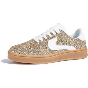 imageLUCKY STEP Womens Glitter Sneakers Fashion Retro Casual Sparkly Bling Shiny Dressy Bedazzled Bridal Wedding Anti Slip Walking ShoesGoldWhite
