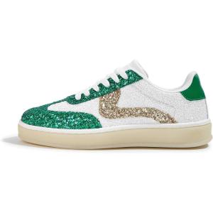 imageLUCKY STEP Womens Glitter Sneakers Fashion Retro Casual Sparkly Bling Shiny Dressy Bedazzled Bridal Wedding Anti Slip Walking ShoesGreenWhite