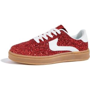 imageLUCKY STEP Womens Glitter Sneakers Fashion Retro Casual Sparkly Bling Shiny Dressy Bedazzled Bridal Wedding Anti Slip Walking ShoesRed