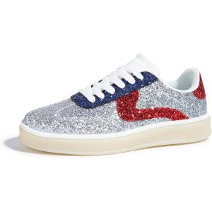 imageLUCKY STEP Womens Glitter Sneakers Fashion Retro Casual Sparkly Bling Shiny Dressy Bedazzled Bridal Wedding Anti Slip Walking ShoesSilverRed