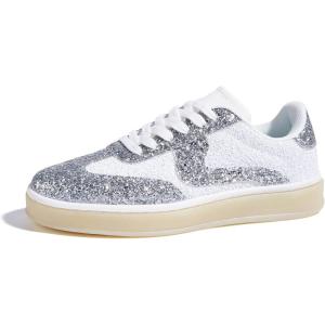 imageLUCKY STEP Womens Glitter Sneakers Fashion Retro Casual Sparkly Bling Shiny Dressy Bedazzled Bridal Wedding Anti Slip Walking ShoesWhiteSilver