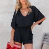 imageGS SNOWING Womens V Neck Shorts Rompers Summer Casual Short Sleeve Chiffon One Piece Jumpsuits with Pockets