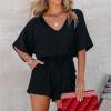 imageGS SNOWING Womens V Neck Shorts Rompers Summer Casual Short Sleeve Chiffon One Piece Jumpsuits with Pockets