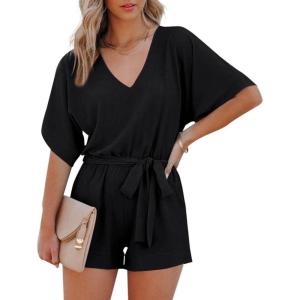 imageGS SNOWING Womens V Neck Shorts Rompers Summer Casual Short Sleeve Chiffon One Piece Jumpsuits with Pockets