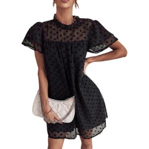 imageWomens Summer Ruffle Short Sleeve Dress Swiss Dot Mock Neck Chiffon Loose Fit Mini Dresses