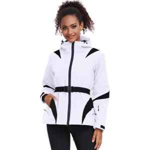 imageGS SNOWING Womens Ski Jackets Snowboard Coats Windproof Waterproof Insulated Warm Winter Mountain Hooded Jacket with BeltWhite
