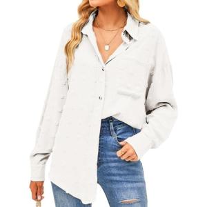 imageWomen V Neck Chiffon Blouses Pom Pom Long Sleeve Button Shirt Swiss Dot Lapel Casual Top Shirts White Large