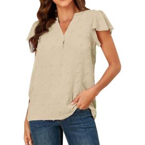 imageWomens Summer V Neck Short Sleeve Chiffon Blouses Tops Ruffle Sleeve Swiss Dot Casual ShirtsApricot