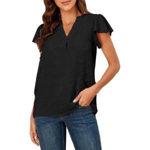 imageWomens Summer V Neck Short Sleeve Chiffon Blouses Tops Ruffle Sleeve Swiss Dot Casual ShirtsBlack