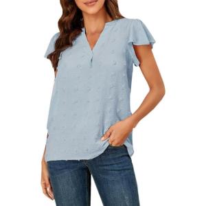 imageWomens Summer V Neck Short Sleeve Chiffon Blouses Tops Ruffle Sleeve Swiss Dot Casual ShirtsBlue