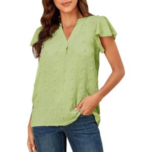 imageWomens Summer V Neck Short Sleeve Chiffon Blouses Tops Ruffle Sleeve Swiss Dot Casual ShirtsGreen