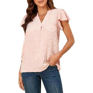 imageWomens Summer V Neck Short Sleeve Chiffon Blouses Tops Ruffle Sleeve Swiss Dot Casual ShirtsPink