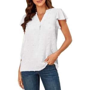 imageWomens Summer V Neck Short Sleeve Chiffon Blouses Tops Ruffle Sleeve Swiss Dot Casual ShirtsWhite