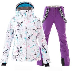 imageWomens Ski Jackets and Pants Set Windproof Waterproof Insulated Snowsuit Winter Warm Snowboarding Snow CoatPurple