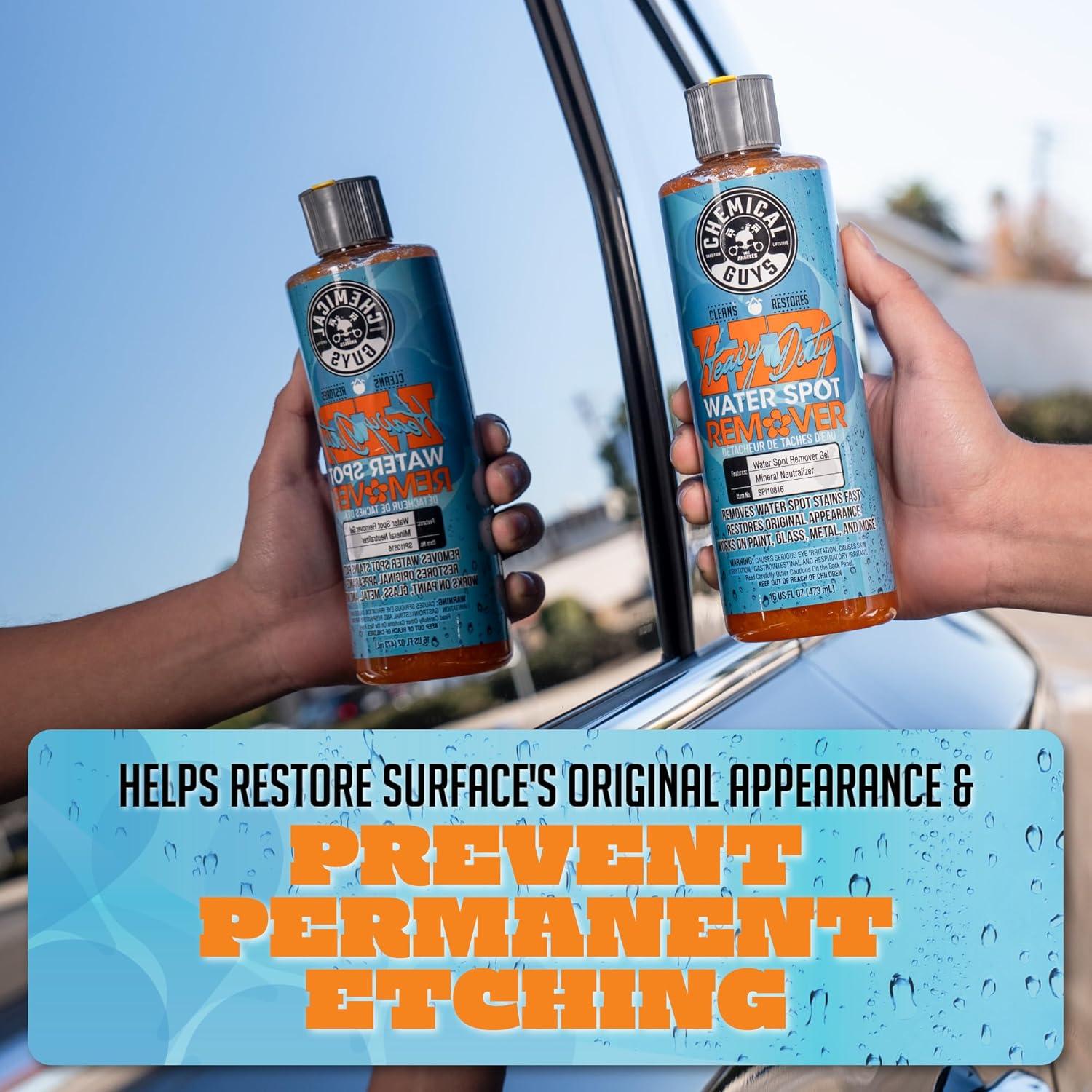 imageChemical Guys Heavy Duty Water Spot Remover Kit for Paint Glass ampamp Metal Removes Mineral Residue ampamp Surface Buildup Includes 16 oz Gel Formula 2 Microfiber Applicator Pads and 3 Workhorse Towels