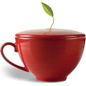 imageTea Forte Cafe Cup White Porcelain Tea Cup and Lid Steeps 8 oz Microwave and Dishwasher SafeRuby Red