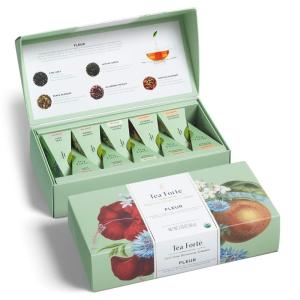imageTea Forte Fleur Organic Premium Tea Assortment Petite Presentation Box Tea Sampler Gift Set with 10 Handcrafted Pyramid Tea Infusers 2 of Each Blend