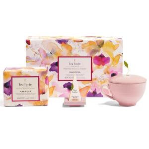 imageTea Forte Jardin 3Piece Tea Gift Set with Pink Cafe Cup with Lid Tea Tray and 10 Assorted 2 of Each Variety Organic Handcrafted Pyramid Infuser Tea BagsMariposa