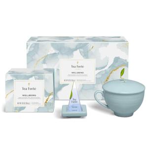 imageTea Forte Jardin 3Piece Tea Gift Set with Pink Cafe Cup with Lid Tea Tray and 10 Assorted 2 of Each Variety Organic Handcrafted Pyramid Infuser Tea BagsWellbeing