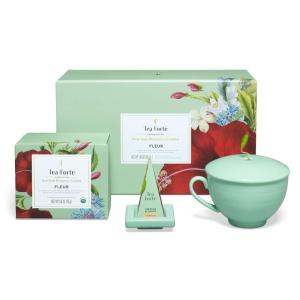 imageTea Forte Jardin 3Piece Tea Gift Set with Pink Cafe Cup with Lid Tea Tray and 10 Assorted 2 of Each Variety Organic Handcrafted Pyramid Infuser Tea BagsFleur