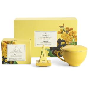 imageTea Forte Jardin 3Piece Tea Gift Set with Pink Cafe Cup with Lid Tea Tray and 10 Assorted 2 of Each Variety Organic Handcrafted Pyramid Infuser Tea BagsSoleil