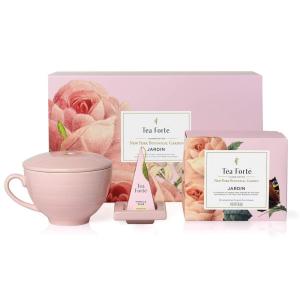 imageTea Forte Jardin 3Piece Tea Gift Set with Pink Cafe Cup with Lid Tea Tray and 10 Assorted 2 of Each Variety Organic Handcrafted Pyramid Infuser Tea BagsJardin