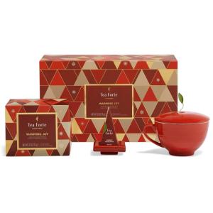 imageTea Forte Jardin 3Piece Tea Gift Set with Pink Cafe Cup with Lid Tea Tray and 10 Assorted 2 of Each Variety Organic Handcrafted Pyramid Infuser Tea BagsWarming Joy  Holiday
