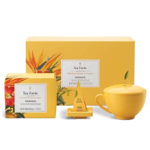 imageTea Forte Jardin 3Piece Tea Gift Set with Pink Cafe Cup with Lid Tea Tray and 10 Assorted 2 of Each Variety Organic Handcrafted Pyramid Infuser Tea BagsParadis