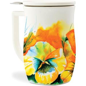 imageTea Forte Demoiselle Fiore Ceramic 14 ounce Tea Mug with Infuser and Lid Ceramic Cup with Handle for Steeping Loose Leaf Teas Dishwasher ampamp Microwave SafeWild Poppy