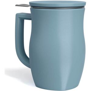 imageTea Forte Demoiselle Fiore Ceramic 14 ounce Tea Mug with Infuser and Lid Ceramic Cup with Handle for Steeping Loose Leaf Teas Dishwasher ampamp Microwave SafeStone Blue