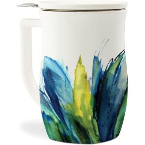 imageTea Forte Fiore Ceramic Tea Mug with Infuser and Lid Sakura 14 oz Ceramic Cup with Handle for Steeping Loose Leaf Tea Dishwasher ampamp Microwave SafeBlue Agave