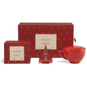 imageTea Forte Warming Joy Holiday 3Piece Premium Tea Gift Set with Red Cafe Cup and Lid Tea Tray and 10 Count Mini Presentation Box 2 of Each Blend Handcrafted Pyramid Infuser Tea Bags