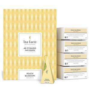 imageTea Forte Raspberry Nectar Premium CaffeineFree Herbal Tea Blend Event Box Bulk Pack 40 Count 10 per tray Individually Wrapped Handcrafted Pyramid InfusersPeach Blossom