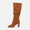 imageJuliet Holy Womens Knee High Boots Chunky High Heel Square Toe Side Zipper Wide Calf BootBrown