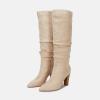 imageJuliet Holy Womens Knee High Boots Pointed Toe Pull On Chunky Heel Winter BootiesCream