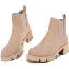 imageJuliet Holy Womens Lug Sole Platform Ankle Booties Chelsea Slip on Chunky Block Heel Leather Combat BootsBeige