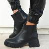imageJuliet Holy Womens Lug Sole Platform Ankle Booties Chelsea Slip on Chunky Block Heel Leather Combat BootsBlack