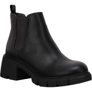 imageJuliet Holy Womens Lug Sole Platform Ankle Booties Chelsea Slip on Chunky Block Heel Leather Combat BootsBlack2