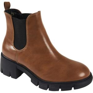 imageJuliet Holy Womens Lug Sole Platform Ankle Booties Chelsea Slip on Chunky Block Heel Leather Combat BootsBrown