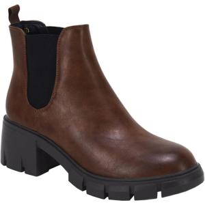 imageJuliet Holy Womens Lug Sole Platform Ankle Booties Chelsea Slip on Chunky Block Heel Leather Combat BootsDark Brown
