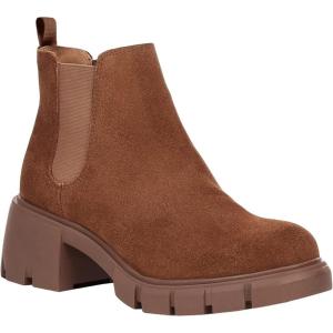 imageJuliet Holy Womens Lug Sole Platform Ankle Booties Chelsea Slip on Chunky Block Heel Leather Combat BootsDark Cognac