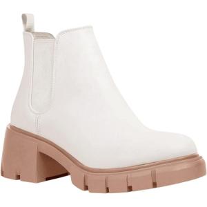 imageJuliet Holy Womens Lug Sole Platform Ankle Booties Chelsea Slip on Chunky Block Heel Leather Combat BootsWhite