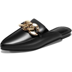 imageJuliet Holy Womens Mules Flats Pointed Toe Backless Loafers Slip on Metal Chain SlidesBlack