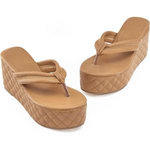 imageWomens Platform Wedge Slides Sandals Open Toe Slip on FlipFlops Comfort Summer Beach Casual Wedges ShoesBrown